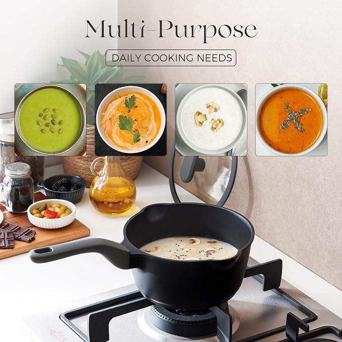 PRICUSIS Ceramic Nonstick Saucepan with Lid, 1.3 Quart Non Toxic Pot with Pour Spouts, Full Coated, 100% Dishwasher Safe, Induction Compatible, PFOS & PFOA Free, Black Sesame
