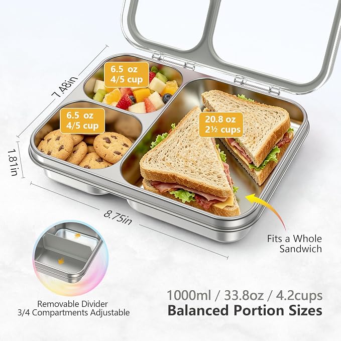 LOHASOK Stainless Steel Bento Lunch Box, 34oz/1000ml,Gray | 3-Compartment, Leak Proof, Lightweight, Clear Plastic Lid, for Kids Adults, BPA/BPS Free, Dishwasher Safe