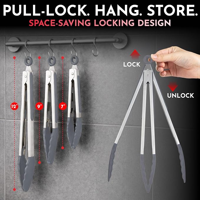 Kitchen Tongs - 12, 9 & 7 Inch Locking Silicone Tongs for Cooking, Set of 3 | Grey Tongs with Silicone Tips, Heat Resistant Tongs for Grilling, Serving, Mixing