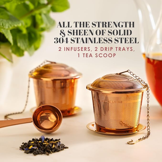 Tea Infuser Set of 2 with Tea Scoop & Drip Trays - 304 Stainless Steel Ultra Fine Mesh Loose Leaf Tea Strainer, Reusable Tea Steeper Basket for Rooibos, Green, Black, Herbal & Oolong Tea, etc