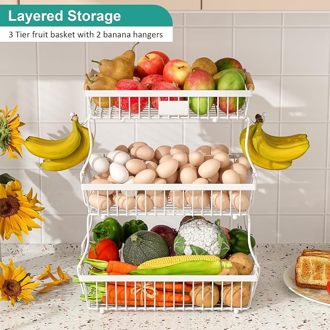 3 Tier Fruit Basket for Kitchen Counter with 2 Banana Hangers, Countertop Metal Fruit Bowl with Wooden Handle, Large Storage Stand for Vegetables, Snacks, Breads, Produce Storage – White