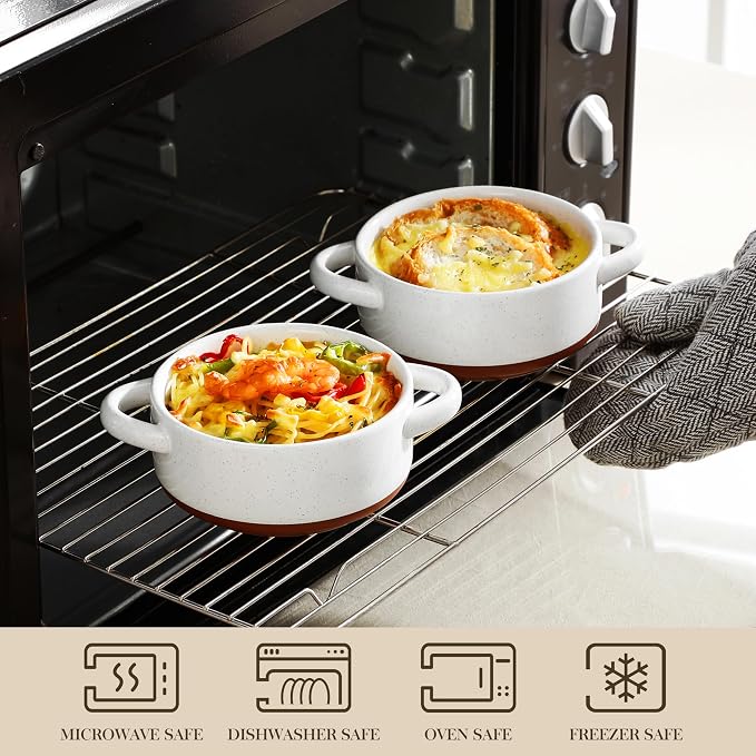 MALACASA 12 OZ Mini Dutch Oven Set, Small Cocotte Set of 4, Ceramic | Ramekins with Handles, Single Serving, Small Casserole Dishes for Oven, Soufflé, French Onion Soup, Oven Safe, Khaki White