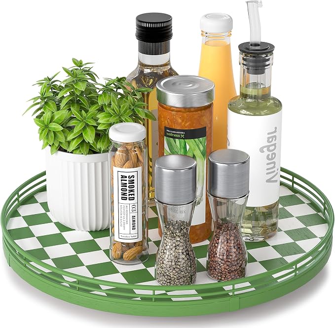 AMH 13-Inch Green and White Checkerboard Lazy Susan with Rubberwood Base | Smooth rotating oak tray with walnut finish for dining tables, kitchen counters, pantries and cabinet storage.