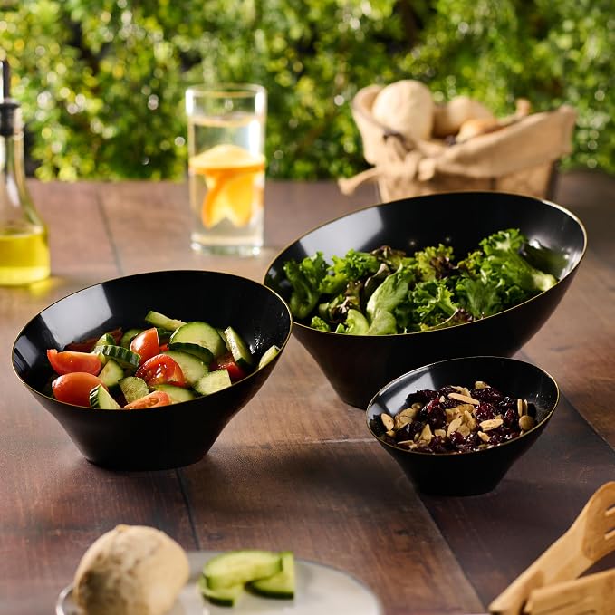 PLASTICPRO Angled Plastic Bowls Disposable Medium Plastic Black Serving Bowls with Gold Rim for Party for Appetizer Salads Pack of 4