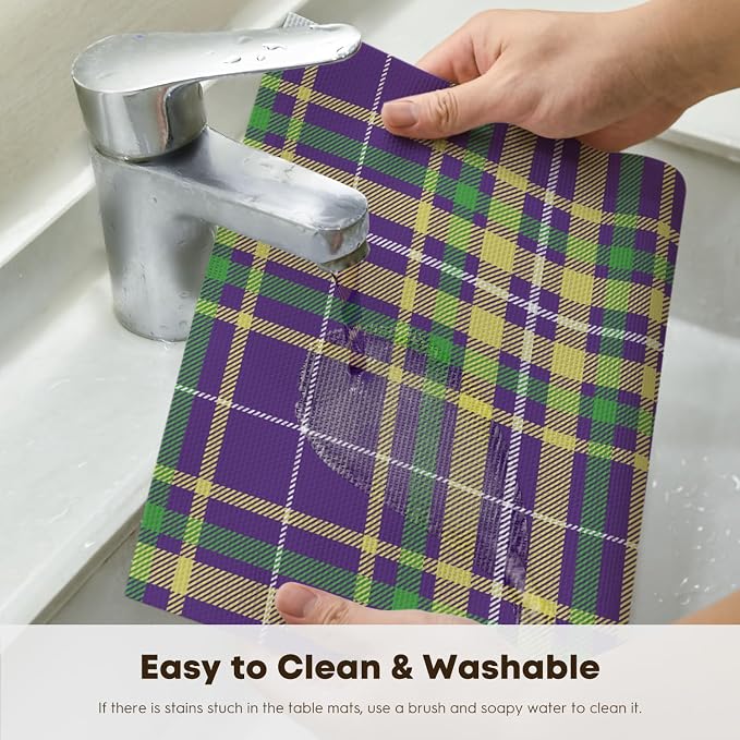Artoid Mode Purple Striped Check Mardi Gras Vinyl Placemats Set of 4,Heat Resistant Non-Slip Woven Plastic PVC Place Mat for Party Kitchen Dining Decor