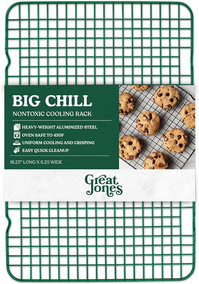 Great Jones Non Stick Wire Cooling Rack (Broccoli) – Fits Half Sheet | 16.9" × 11.4" Non Toxic Baking Rack, Heavy-Weight Aluminized Steel, Oven Safe 450 °F, Bacon & Cookie Cooling Rack