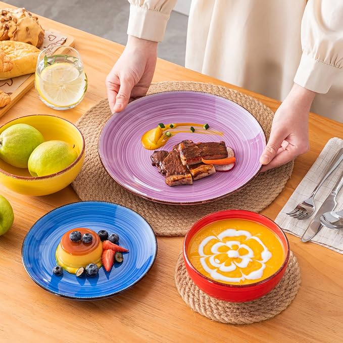 vancasso Bonita Dinnerware Set Multicolor Stoneware 18 Pieces Service for 6 | Handpainted Spirals Pattern Stoneware Plates and Bowls Set, Modern Round Dishes Sets, Microwave and Dishwasher Safe