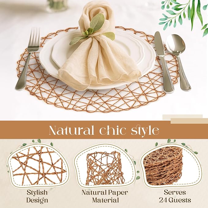 Geosar Round Woven Placemats Bulk Rustic Paper Braided Placemats Boho Natural Non slip Heat Resistant Table Mats for Wedding Party, Dinner Table Centerpiece Decoration, 13 Inch (Light Brown,24 Pcs)