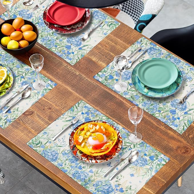 Hydrangea Spring Summer Placemats Set of 4 Sage Green Eucalyptus Leaves Blue Floral Butterfly Placemat 12x18 Inch Seasonal Holiday Table Place Mats for Farmhouse Kitchen Dining Decor