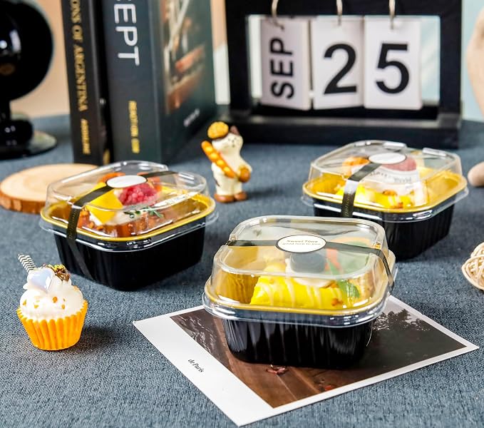 NPLUX Square Foil Cups with Lids, 50 Pack Black Gold 5oz for Weddings | Works for crumble cups, panna cotta, custard and snack servings; simple structure is easy to understand at a glance.