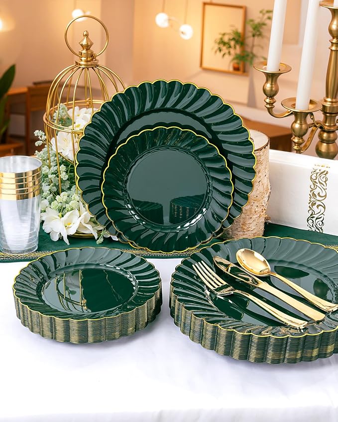 YOUBET 175PCS Green Scalloped Plastic Plates for Party Wedding | Green and Gold Disposable Dinnerware Set Include 50 Plates, 75 Gold Silverware, 25 Cups, 25 Napkins