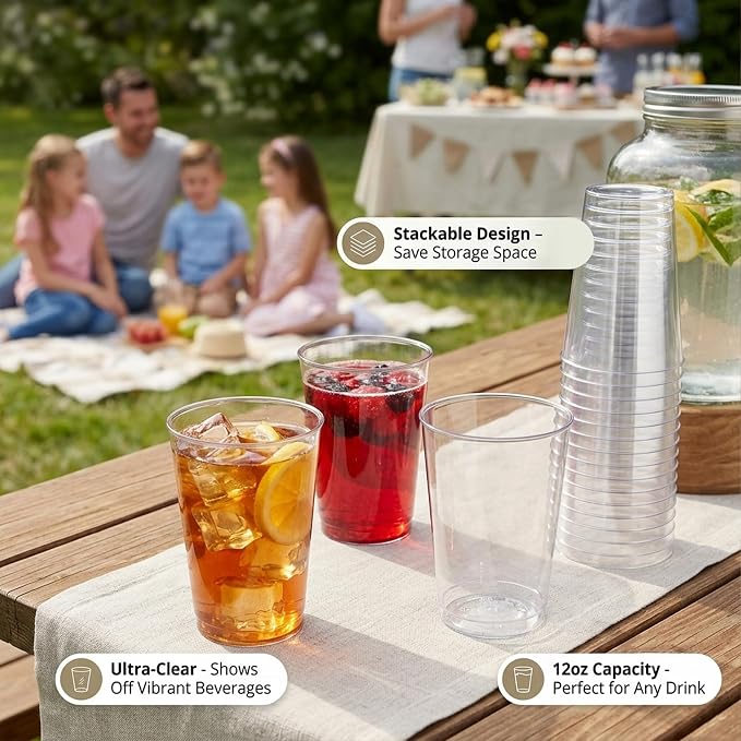 Byvivace 100Counts 12 OZ. Hard Plastic Cups Fancy Disposable Cups for Party, Clear Elegant Wedding Cups Disposable Wine Glasses for Wine, Juice, Cocktails and Cold Beverages