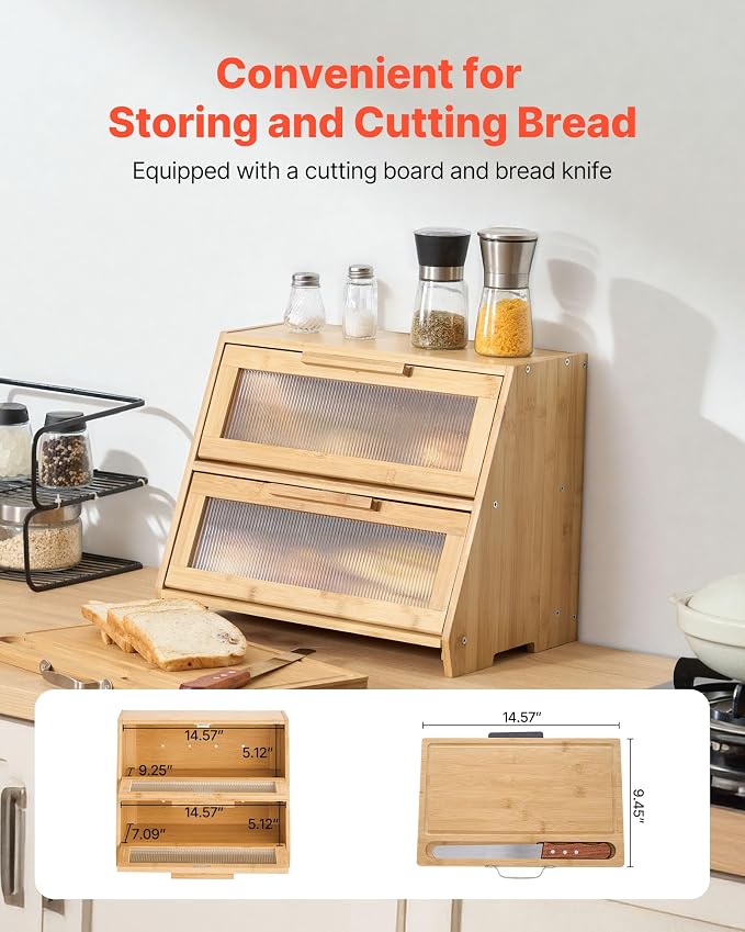 VEVOR Double Layer Bread Box for Kitchen Counter, Large Capacity Bamboo Bread Storage Container, Farmhouse Wooden Breadbox for Homemade Bread, Storage Holder Bin with Acrylic Wavy Door Panel, Natural