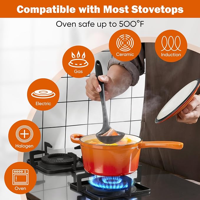 Homikit Small Cast Iron Pot, 1 QT Enameled Cast Iron Sauce Pan with Lid, Heavy Duty Enamel Dutch Oven Kitchen Cookware for Making Pasta, Boiling Soup, Warming Milk, Nonstick & Oven Safe, Flame Orange