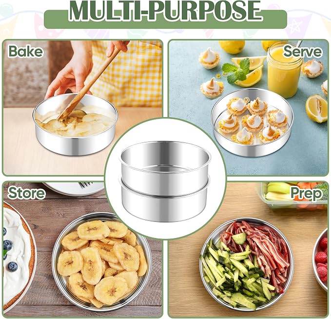 E-far 7 Inch Cake Pan Set of 2, Stainless Steel Round Baking Pans Tins Mold | Non-Toxic & Leak-Proof for Birthday Wedding Layer Tiered Cake, Easy Clean & Dishwasher Safe
