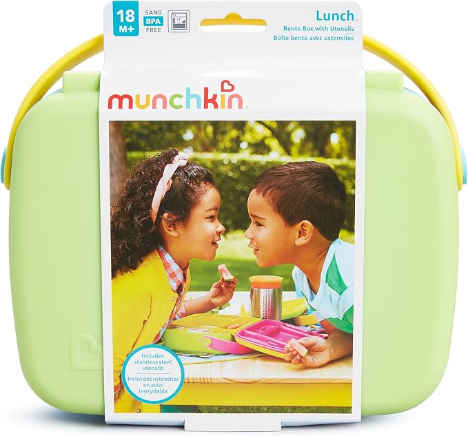 Munchkin Lunch Bento Box for Kids and Toddlers, Includes Stainless Steel Utensils, BPA-Free, 18 Months and Up, Blue/Green/Yellow