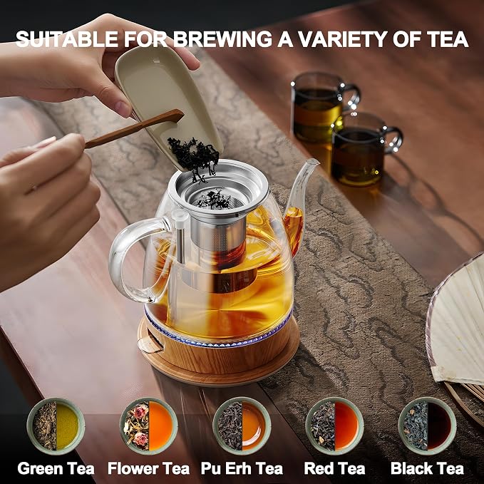 Topwit 1L Glass Electric Kettle, Gooseneck Electric Tea Kettle, BPA-free | Removable Stainless Steel Tea Infuser, Auto-Shut Off, Boil-Dry Protection, Dual-Purpose For Hot Water, Tea & Coffee, Wood