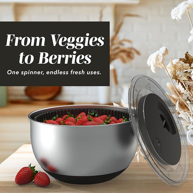 COOK WITH COLOR Stainless Steel Salad Spinner - 5 Qt. Lettuce Washer And Vegetable Spinner Dryer for Easy Salad Prep - Non Slip Base with Pull Handle - Auto Stop Brake System, Stain and Odor Resistant