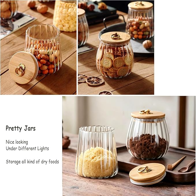 Glass Coffee Nuts Canister Airtight Jar with Bamboo Lid 23 FL OZ Small Oval | Sealed Kitchen Storage Jar, 700ml Petal Ribs Design Decorative Candy Coffee Container, Gold Metal Handle, Easy to Grasp