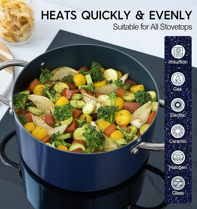 MICHELANGELO 5 Qt Ceramic Nonstick Stock Pot with Lid for Daily Meals, Blue | Aluminum stock pot with ceramic nonstick coating, glass lid, stainless handles and induction-ready base for small households