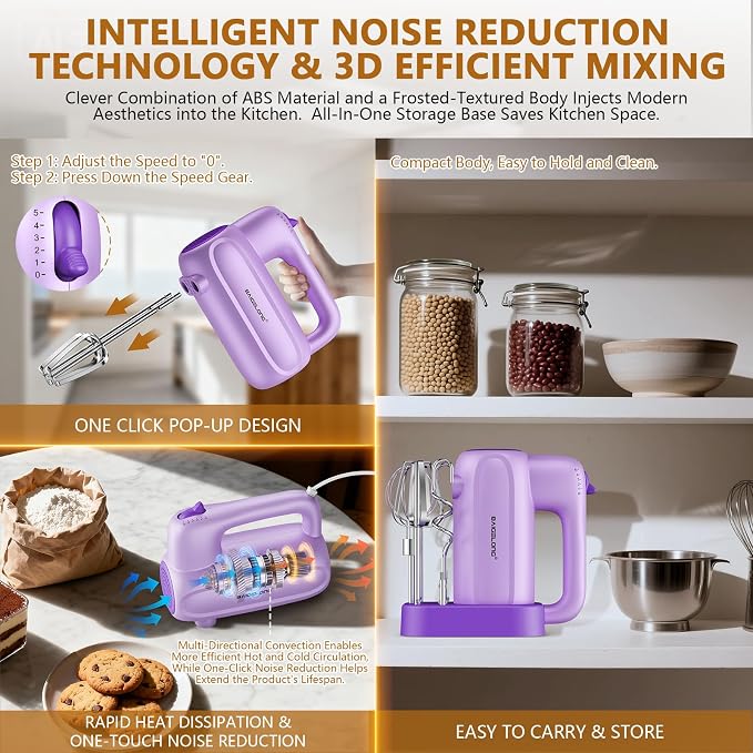 BAIGELONG Hand Electric Mixer, 5-Speed KitchenMixer with 5 * 304 Stainless Steel Attachments + Storage Base, Food Handheld Mixer for Baking, Whipping Cream, Cake Mixing, Purple