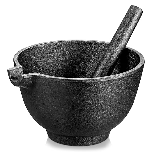 Velaze Cast Iron Mortar and Pestle Set,3 Cup Capacity | 6.5 Inch Pestle,27 oz Molcajete,Pour Spout Design,Spice Grinder,Smasher for Pesto,Herbs,Seasonings,Homemade Recipes,Pills