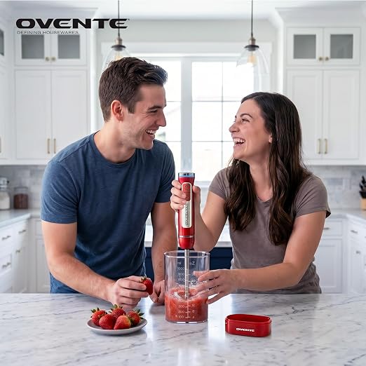 OVENTE Cordless Hand Blender, Rechargeable with 8 Mixing Speed Red HR781R | 200 Watts Handheld Portable Stick Mixer, One-Touch Control and Stainless Steel Blades for Smoothies, Shakes or Soups
