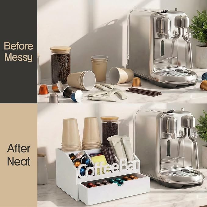 Coffee Bar Organizer Countertop,Wood Coffee Station with Drawer,Home&Office | K-Cups, Tea Bags, Sugar Packets & Creamers