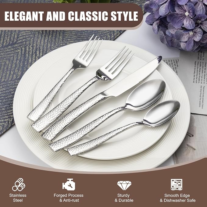 20 Piece Hammered Silverware Set, Food Grade Stainless Steel Flatware Set | Hammered Cutlery Set, Service for 4, Heavy Duty, Dishwasher Safe, Mirror Polished, Home, Party, Wedding