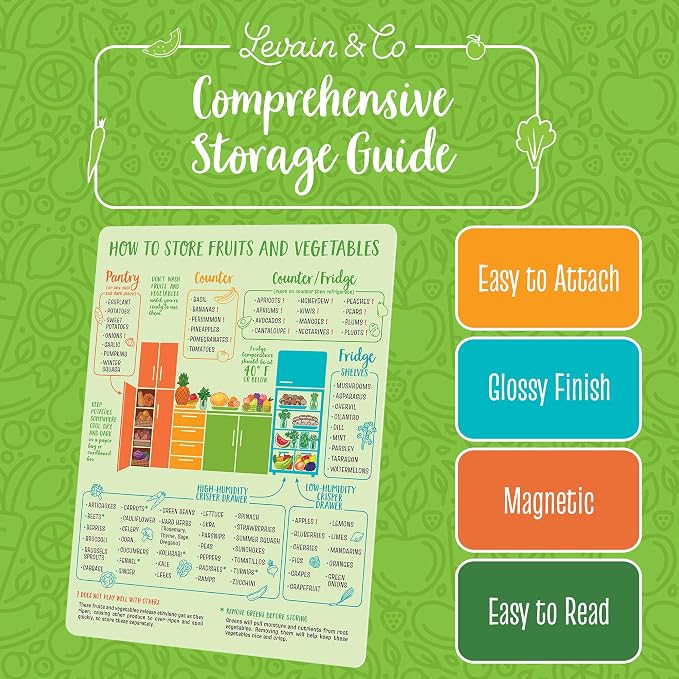 Levain & Co Produce Storage Guide Magnet - Fruit & Vegetable Storage Magnetic Chart - The Ultimate Produce Organizer Cheat Sheet - Keep Foods Fresher Longer