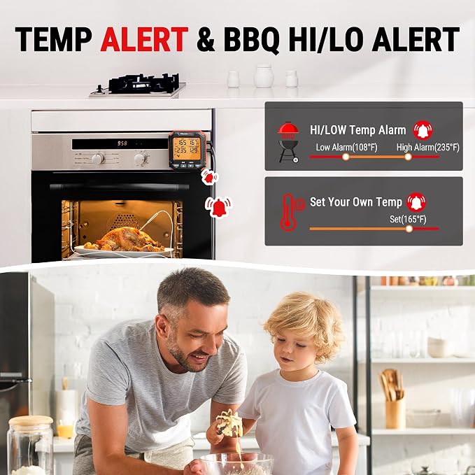 TempPro TempTrack Digital Meat Thermometer for Cooking with 2 Meat Probes | Large LCD Backlit Oven Probe Thermometer, Kitchen Food Thermometer with Temp Alert for Smoker, BBQ,Grill