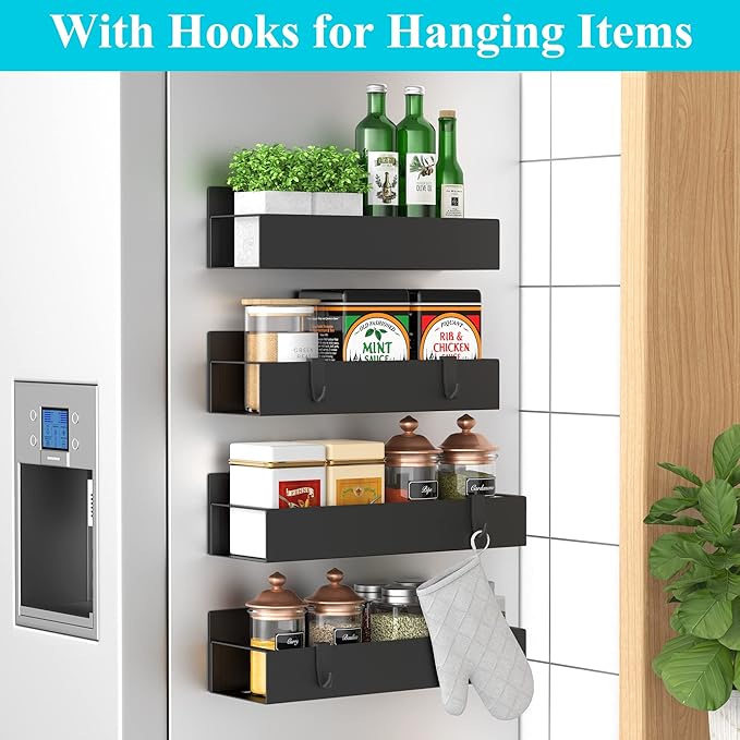 Metal Magnetic Spice Rack for Refrigerator with Hooks Matt Black | Magnetic Shelves Heavy Duty for Fridge in Kitchen, Seasoning Storage Organizer, For Oven Washer and Dryer, For Heavier Items