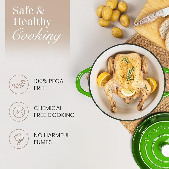 Cast Iron Pot with Lid-Non-Stick Ovenproof Enamelled Casserole Pot, Oven Safe up to 500° F-Sturdy Dutch Oven Cookware - Green, 5-Quart, 24cm-by Nuovva