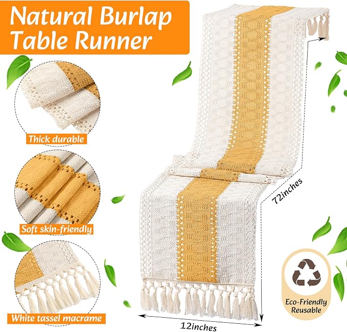 6 Sets Boho Decoration Placemats Round Woven Placemats, Cloth Napkins, Wood Bead Napkin Rings, Long Table Runner and Farmhouse Burlap Cotton for Table Kitchen (Yellow,12x72)