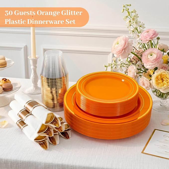 DaYammi 210PCS Orange Plastic Dinnerware Set Orange Plates Disposable Disposable Plates for Party Include: 30 Dinner Plates,30 Dessert Plates,30 Pre Rolled Napkins with Silverware,30 Cups for Wedding