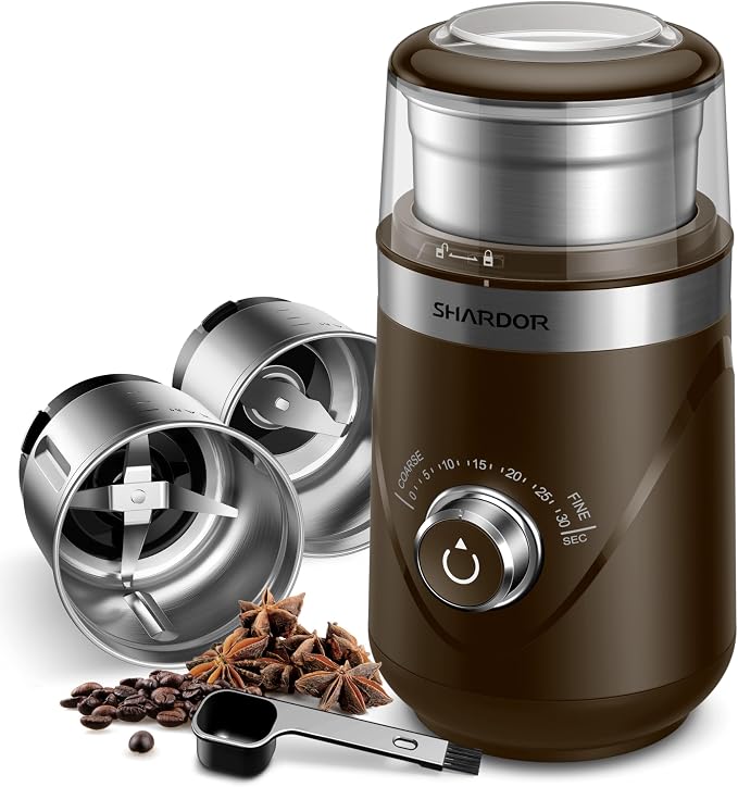 SHARDOR Electric Super Silent Blade Coffee Grinder, Timed Grind Control Rotary Knob, Adjustable Coarse to Fine for Coffee Beans, Spices & Herbs, with 2 Removable Stainless Steel Bowl, Brown