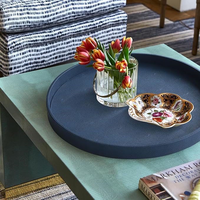 HofferRuffer Large Round Serving Tray 24'', Elegant Faux Leather Circle Ottoman Table Tray, Serve Tea Coffee Breakfast in Bedroom Living Room Kitchen (Blue)