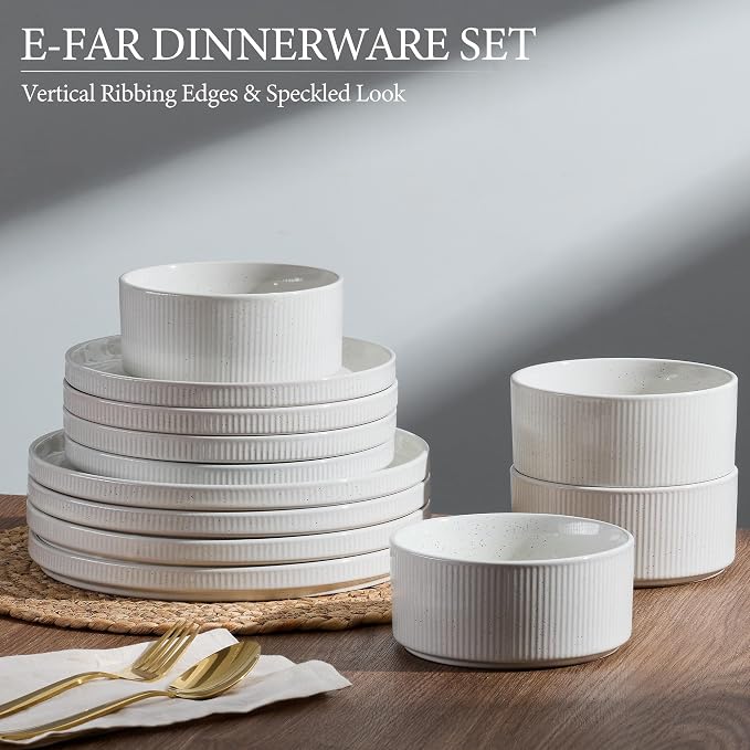E-far Stoneware Dinnerware Sets, 18-Pieces Modern Plates and Bowls Sets, Kitchen Dinning Porcelain Dishes Set for 6, Chip & Scratch Resistant, Dishwasher & Microwave Safe, Speckled White