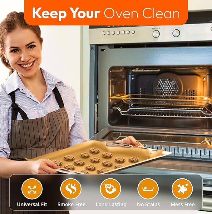 Oven Liners for Bottom of Oven - 17"x 25" Large Heavy Duty Non-Stick 2 Pack | Heat Resistant to 500°F, BPA & PFOA Free, Reusable, Fits Electric, Gas, Toaster, Microwave Ovens & Grills, Spill Guard, Gold