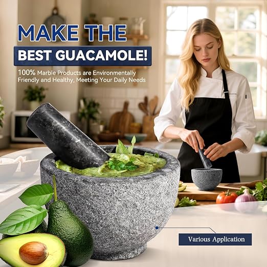 African Natural Granite Mortar and Pestle Set, Grinder Bowl for Guacamole, Salsa, Pill Crusher, Spice, Herb, Garlic, Nut, Heavy Duty Grinder for Kitchen (Sandblasted Finish)