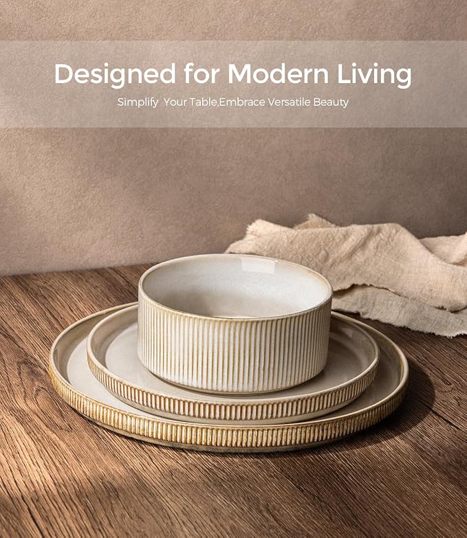 GBHOME Stoneware Dinnerware Sets for 4,16-Piece Plates and Bowls Set | Handmade Reactive Glaze Ceramic Dish Set, Scratch Resistant, Dishwasher&Microwave Safe,Cappuccino