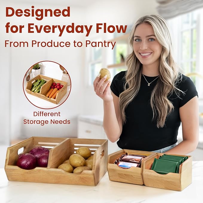 HOMESTEAD Stackable Solid Wood Storage Bins for Pantry & Countertop, Ventilated Potato and Onion Organizer with Handles, Wooden Produce Storage Containers (Natural)