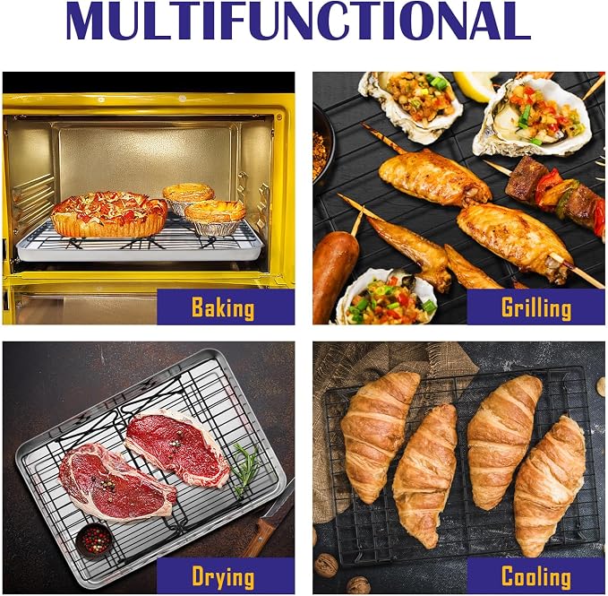 Leonyo Cooling Rack, 2 Tier Stainless Steel Stackable Baking Cooking Racks for Cooling Roasting Grilling, Collapsible & Heavy Duty, Oven Safe & Easy Clean, 15" x 10", Black