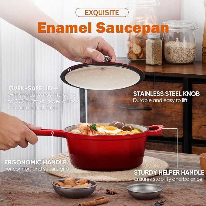 Homikit 3 Quart Saucepan with Lid, Enameled Cast Iron Sauce Pan, Enamel Cast Iron Cooking Pot Mini Dutch Oven Kitchen Cookware for Making Pasta, Boiling Soup, Warming Milk, Red