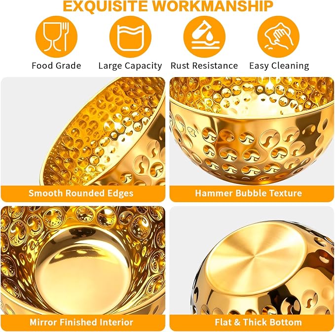 5-Piece Gold Stainless Steel Mixing Bowls Set | 4.9/4.2/3.2/2.1/1.6QT, Hammered Design, Food-grade, for Kitchen Meal Prep, Baking, Movie Night, Party and Home Decor
