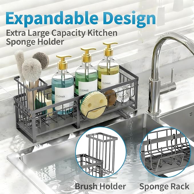 Extra Large Extendable Sponge Holder for Kitchen Sink Caddy Organizer | Rustproof Sink Caddy Organizer with High Brush Holder, Dish Soap Dispenser Organizers and Storage (Black)
