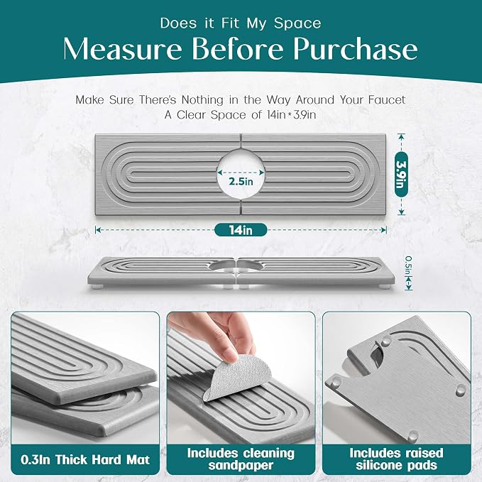 Diatomite Kitchen Faucet Mat - 14Inch Water Absorbing Stone Tray for Sink, Stone Fast-Drying Faucet Mat for Kitchen Counter Sink Accessories (Grey, 14'' x 3.9'')