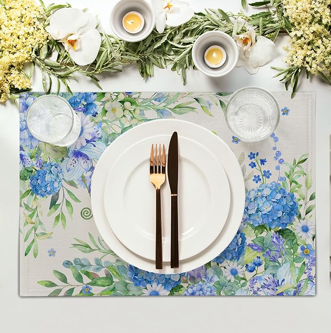 Blue Hydrangea Placemats Set of 4 Spring Summer Floral Green Leaf Bird Table Mat 12x18 Inch Rustic Daisy Flowers Hummingbird Place Mats for Party Kitchen Dining Outdoor Indoor Decor