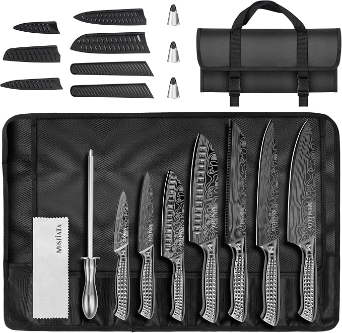 MOSFiATA Kitchen Knife Set, 12Pcs Japanese Stainless Steel Knife Sets for Kitchen with Oxford cloth storage bag with Knife Sharpening Rod, Dishwasher Safe, For Outdoor(grey)