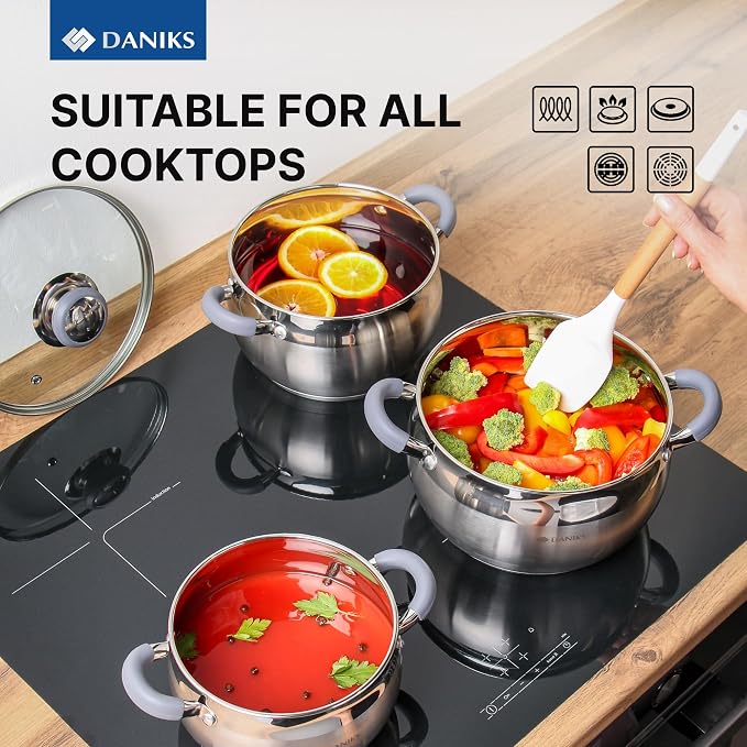 Daniks Modern 6-Piece Stainless Steel Cookware Set with Glass Lids, Tri-Ply Bases for Even Heating, Induction Compatible, Dishwasher Safe, Heatproof Handles